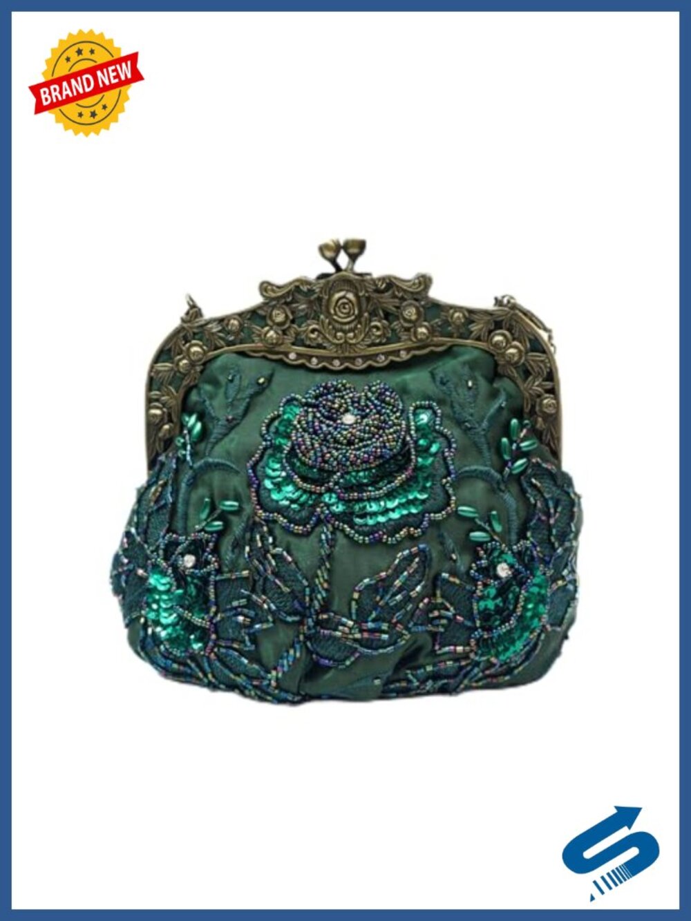 Handmade Beaded Rose Evening Clutch Kiss Lock with 2 Chains